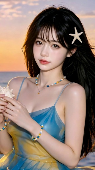 落日海边清纯美女