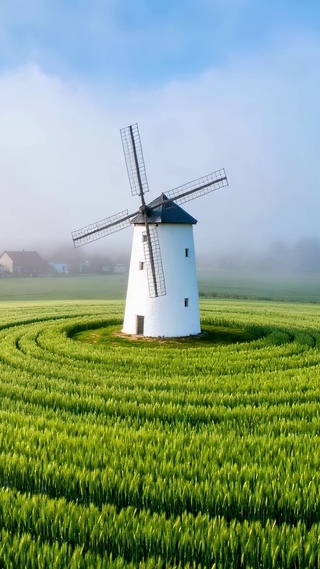 晨雾青麦田风车美景