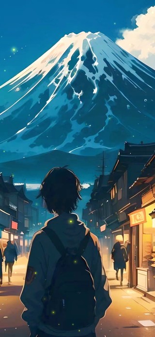 夜晚雪山下的商店街