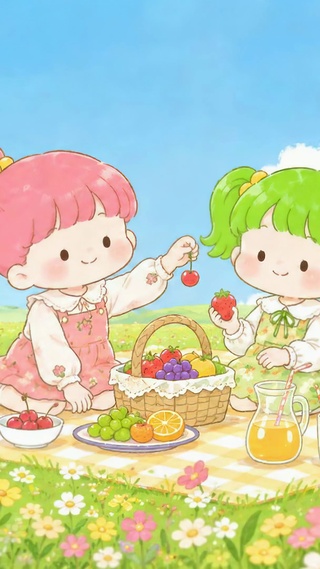 春日草地野餐可爱少女
