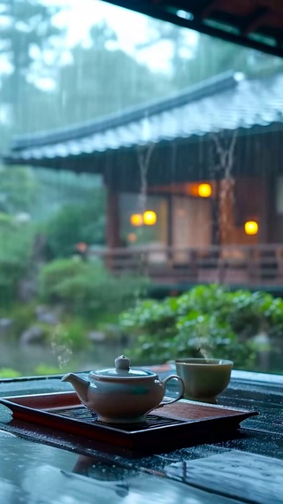 解压雨天木屋品茶