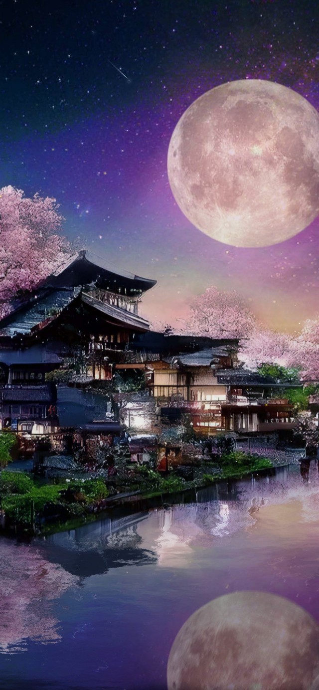 樱花水乡月影(风景手机动态壁纸) - 风景手机壁纸下载 - 元气壁纸