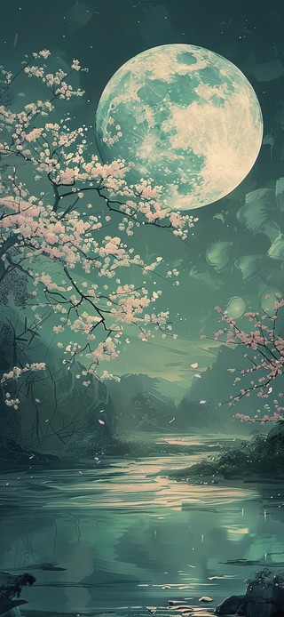 月光溪流树影