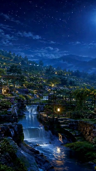 月夜山村溪流唯美夜景