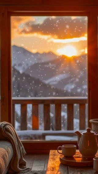 夕阳雪天温馨木屋