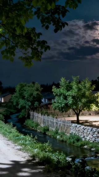 月夜静谧乡村田园风景