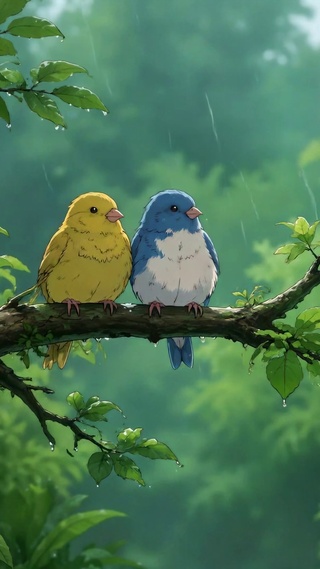 林间细雨小鸟相依