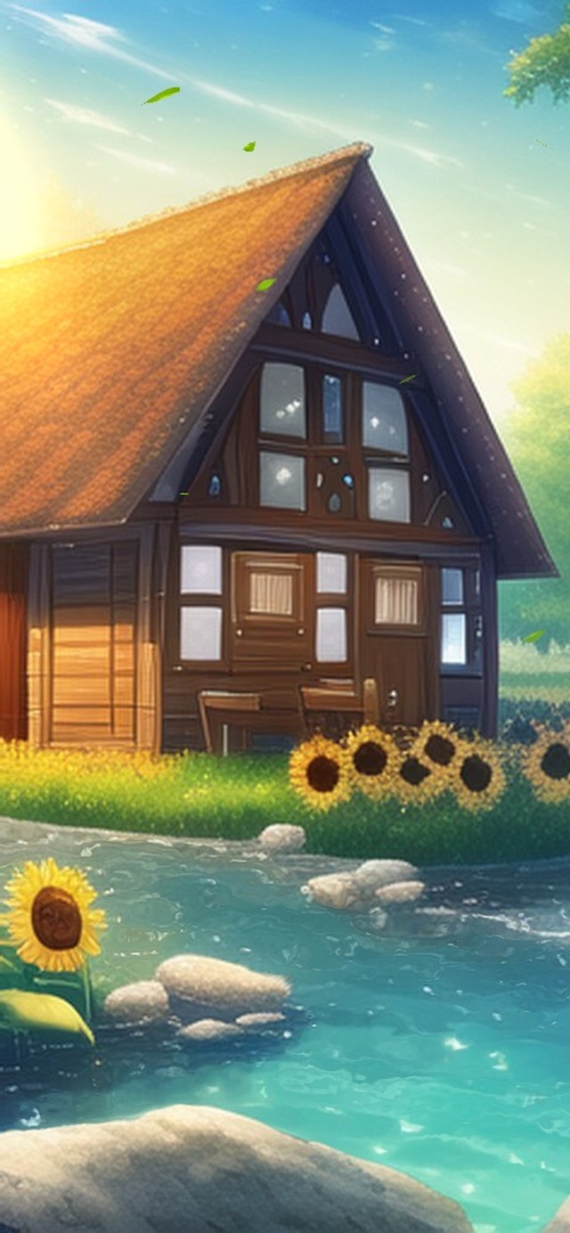 河边向日葵花田小屋