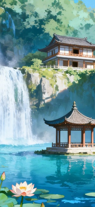 瀑布下的湖心亭