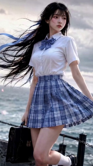 海风中的制服少女