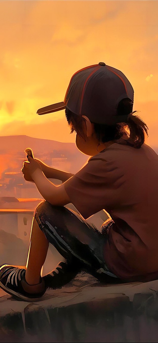 夕阳下想念打工父母的留守少年