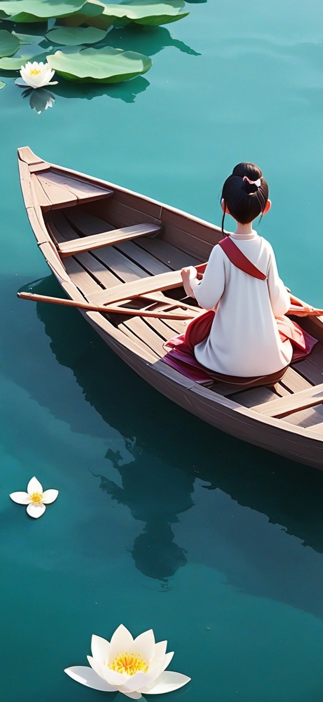 荷塘中划船的女孩