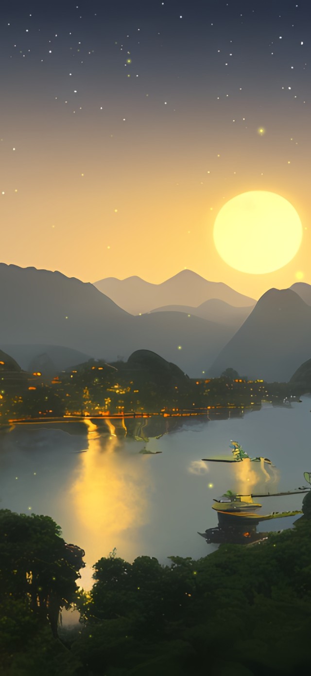 月夜古风湖边小镇