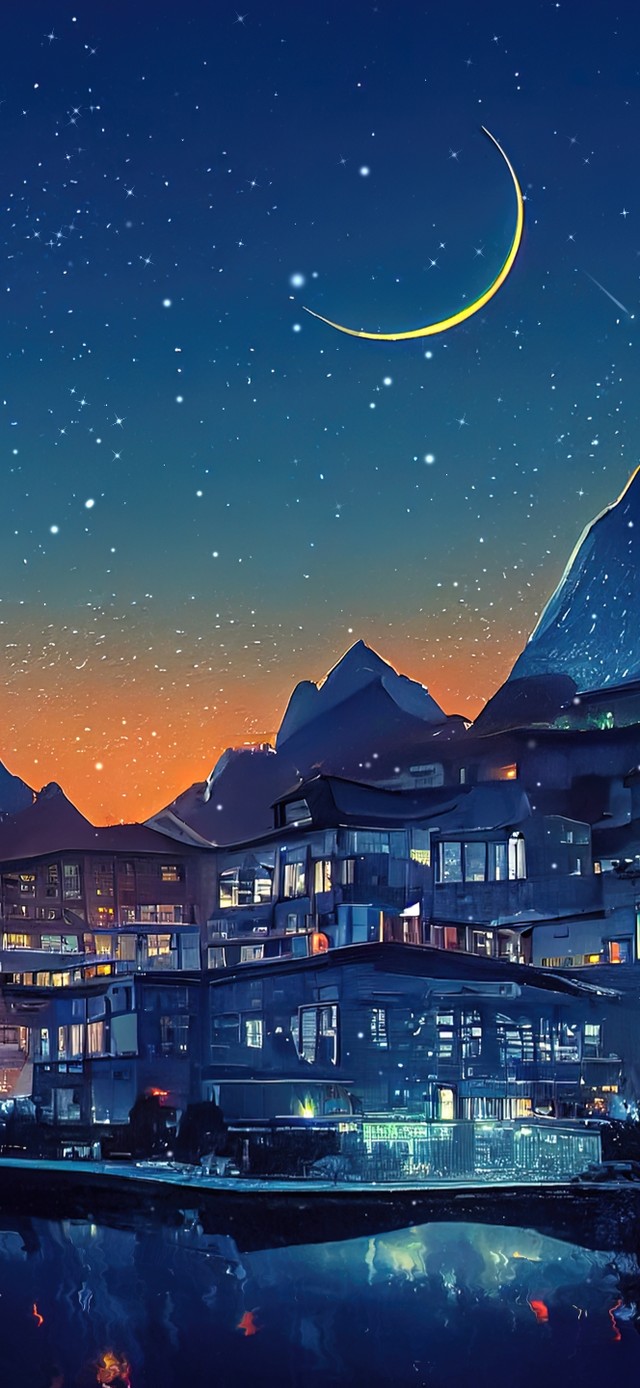 4K唯美治愈湖边小镇星空雪景