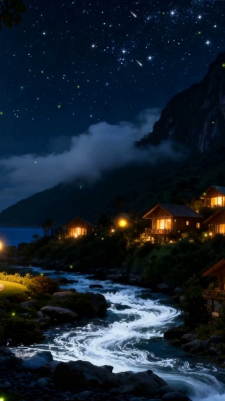 夜景房屋树木河流