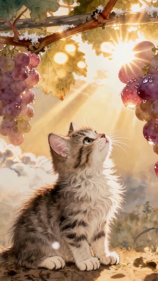 萌猫与葡萄：阳光水彩的治愈日常