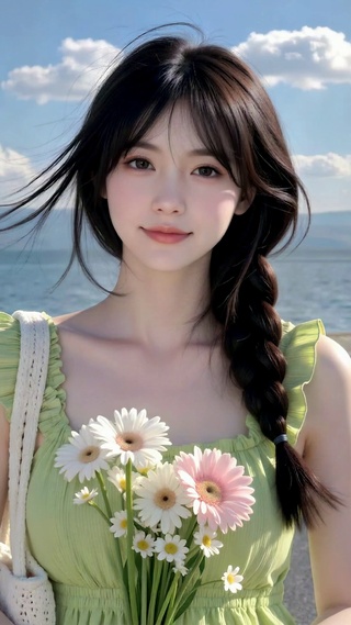 湖畔清新抱花美女