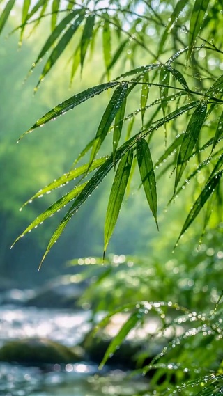清新雨后竹林溪流