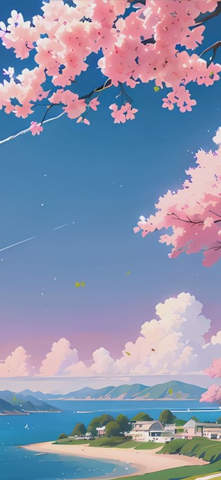 护眼樱花树下海景