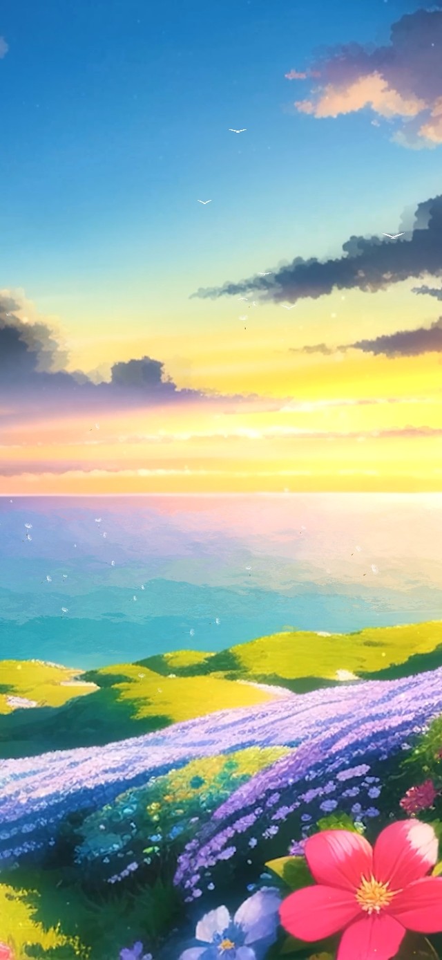 4K春天花海夕阳海岸