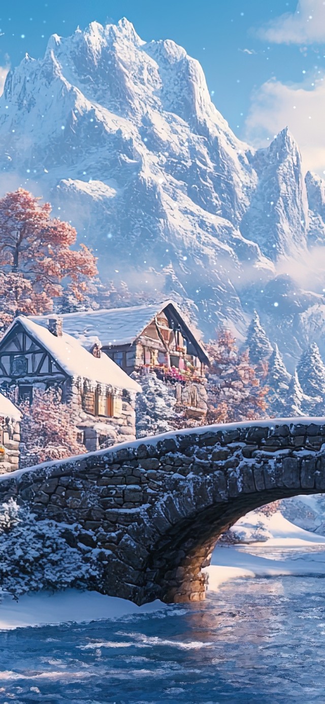 冬日晴天古镇石桥风景