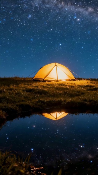 星空露营倒影治愈夜景