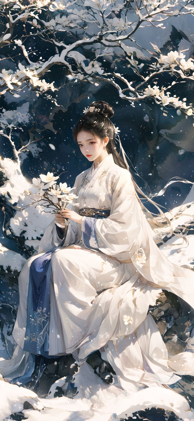 冬日繁花树下古风少女