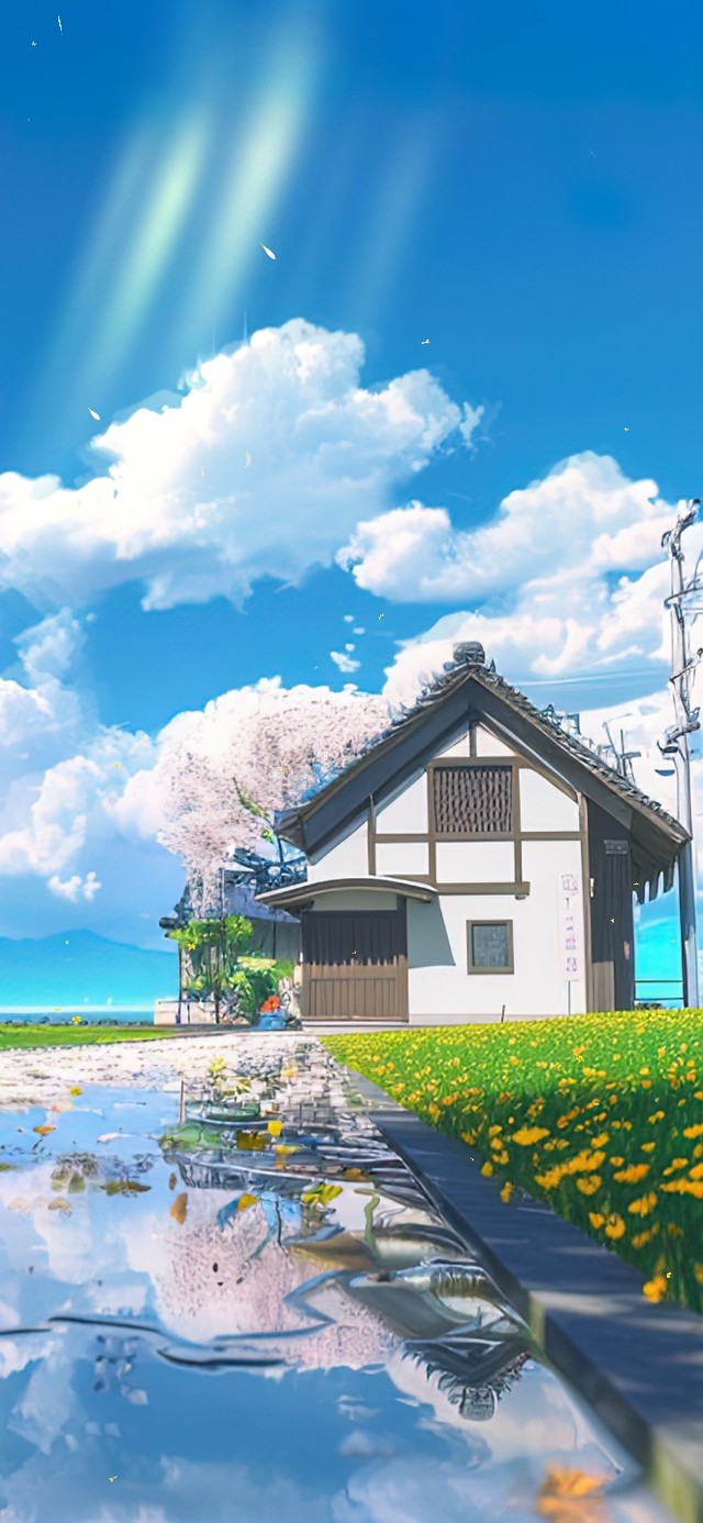 雨后樱花小路蓝天