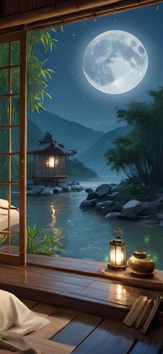 古风小屋卧室赏月