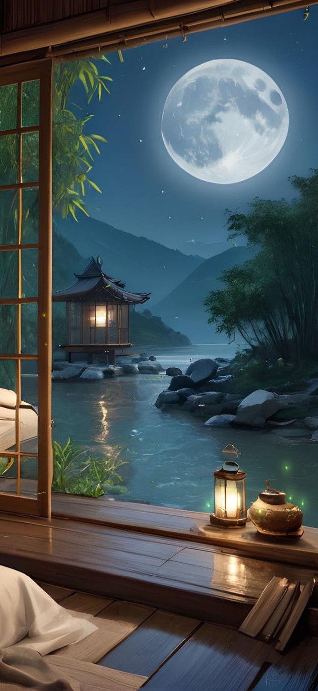 古风小屋卧室赏月