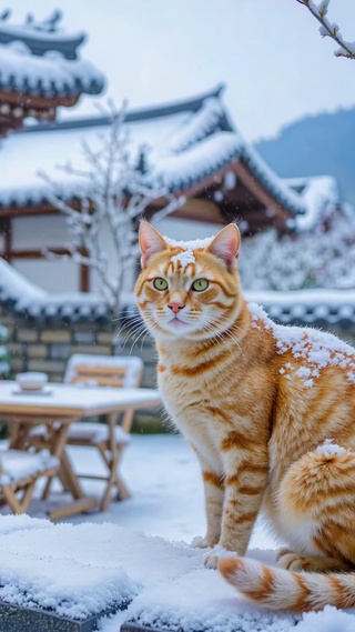 冬日雪墙狸花猫