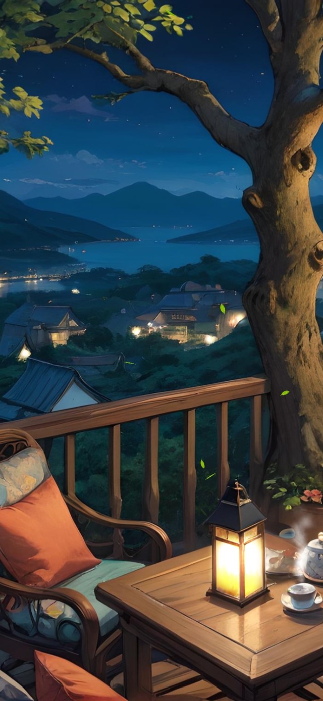 夜晚山顶小屋阳台