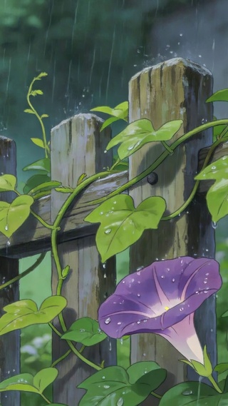 雨天篱笆牵牛花