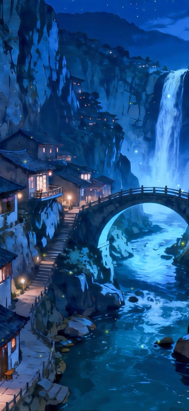 夜晚山谷中的村庄