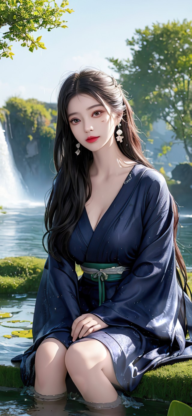 古风山间小溪戏水少女