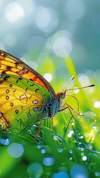 护眼绿色清晨露珠上蝴蝶