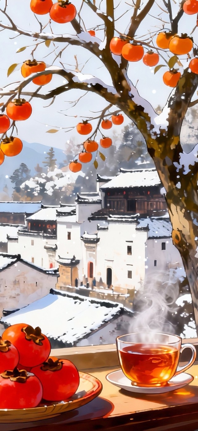 冬日窗外的柿子树