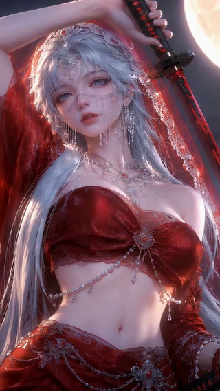 月下红衣持刀古风美少女