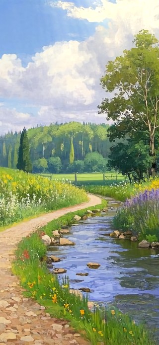 花漾壁纸|花田溪流小径