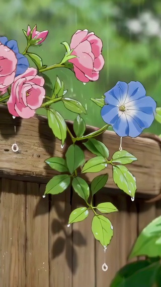 雨中木栅栏上的牵牛花