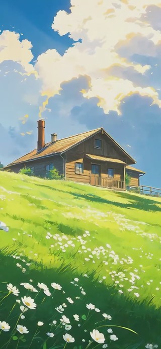 山坡草地小屋