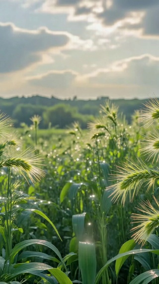 晨光带露青麦田野风景