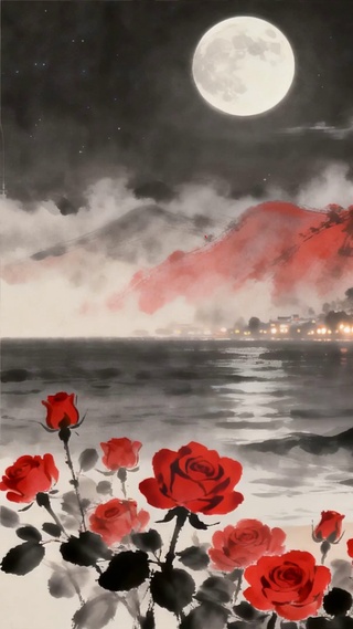 古风夜景树木房屋海景