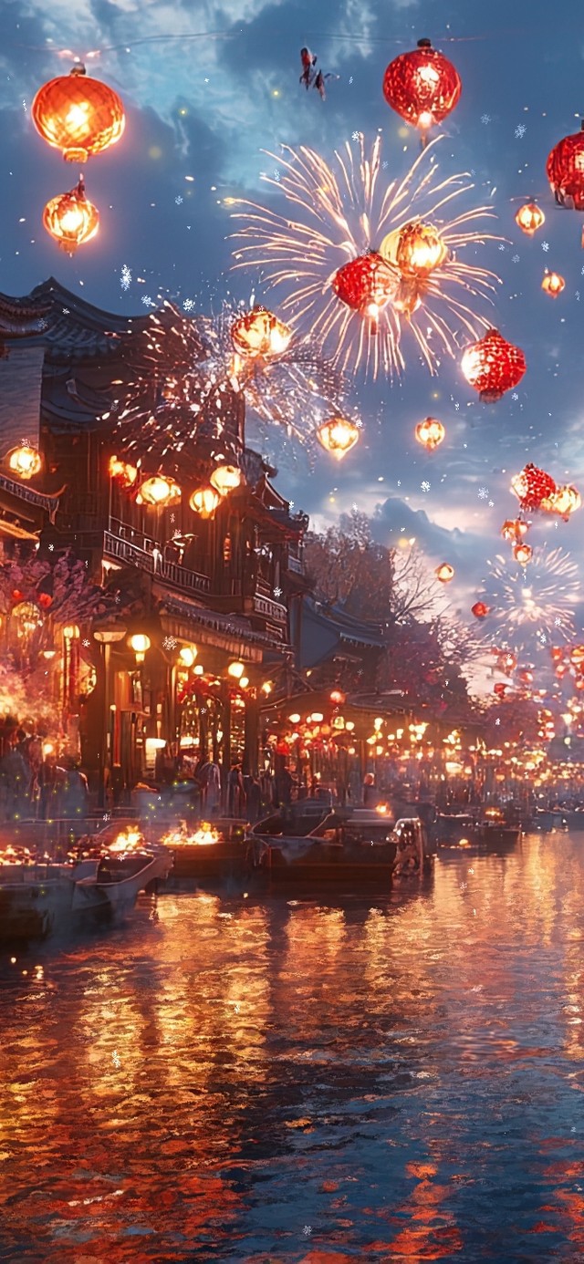 水乡夜晚的热闹新年氛围