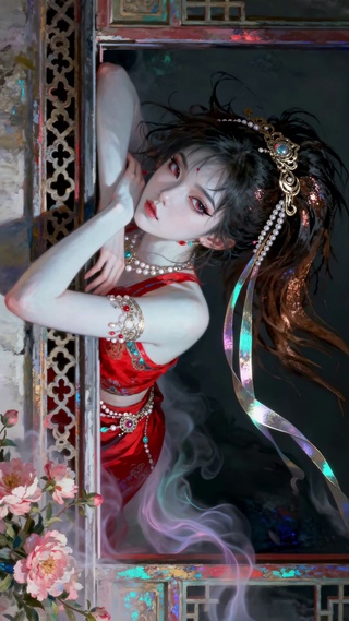 国风古韵古风长发窗台美人
