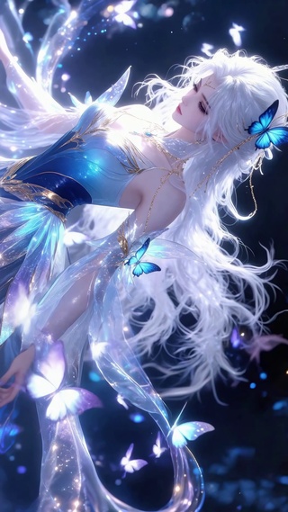 梦幻蓝蝶白发精灵美少女