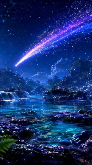 梦幻流星星空溪流夜景
