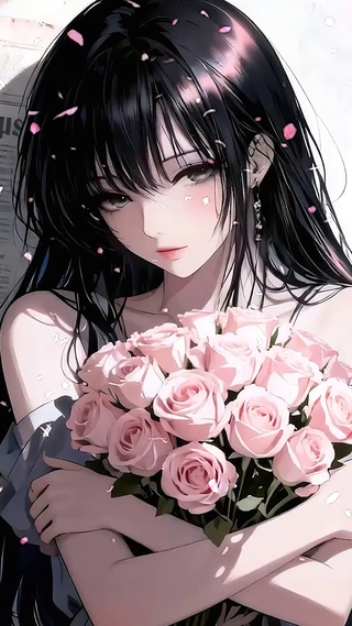 手捧鲜花长发女孩