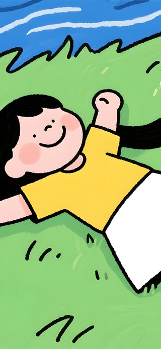 极简童画治愈~躺草地的小女孩