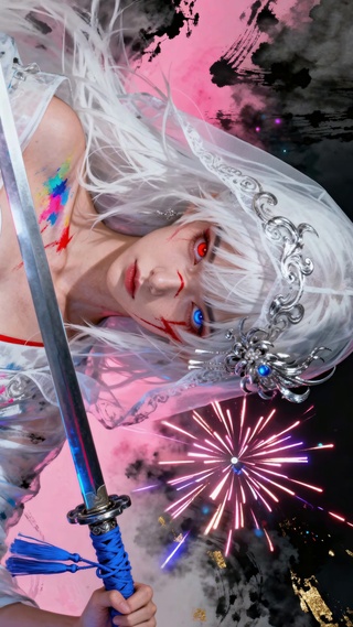 异瞳银发剑姬烟花下奇幻战斗美学
